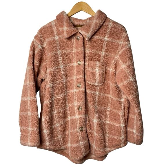 Koolaburra by UGG Women's M Brushed Back Sherpa Shacket Jacket Pink Plaid Cozy - Picture 1 of 9